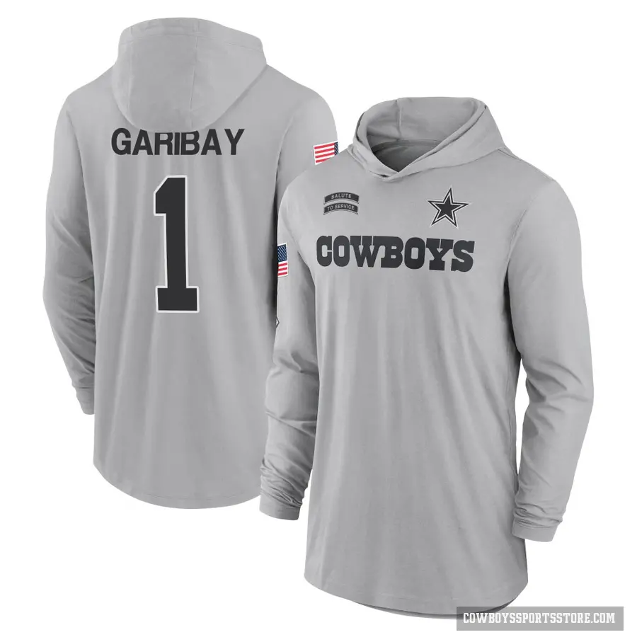 Youth ＃1 Jonathan Garibay Dallas Cowboys Gray 2024 Salute to Service Lightweight Performance Long Sleeve Hooded T-Shirt