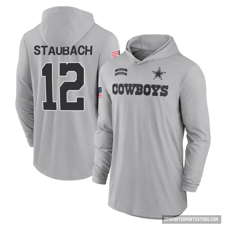 Youth ＃12 Roger Staubach Dallas Cowboys Gray 2024 Salute to Service Lightweight Performance Long Sleeve Hooded T-Shirt