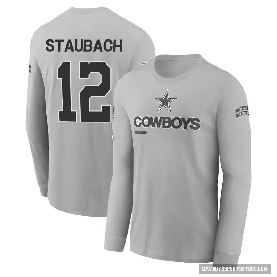 Youth ＃12 Roger Staubach Dallas Cowboys Gray 2024 Salute to Service Long Sleeve T-Shirt
