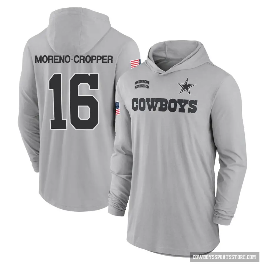 Youth ＃16 Jalen Moreno-Cropper Dallas Cowboys Gray 2024 Salute to Service Lightweight Performance Long Sleeve Hooded T-Shirt