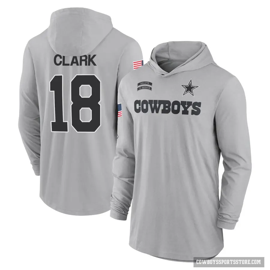 Youth ＃18 Damone Clark Dallas Cowboys Gray 2024 Salute to Service Lightweight Performance Long Sleeve Hooded T-Shirt