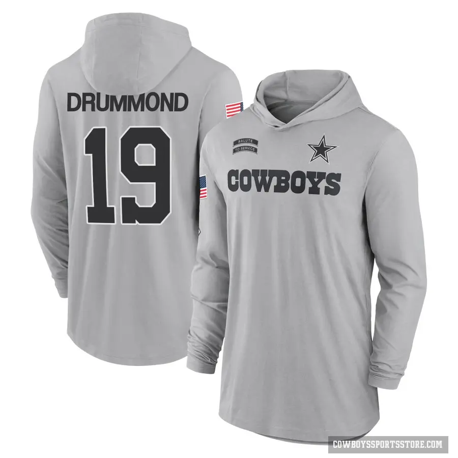 Youth ＃19 Dontario Drummond Dallas Cowboys Gray 2024 Salute to Service Lightweight Performance Long Sleeve Hooded T-Shirt
