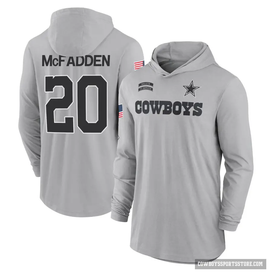 Youth ＃20 Darren McFadden Dallas Cowboys Gray 2024 Salute to Service Lightweight Performance Long Sleeve Hooded T-Shirt