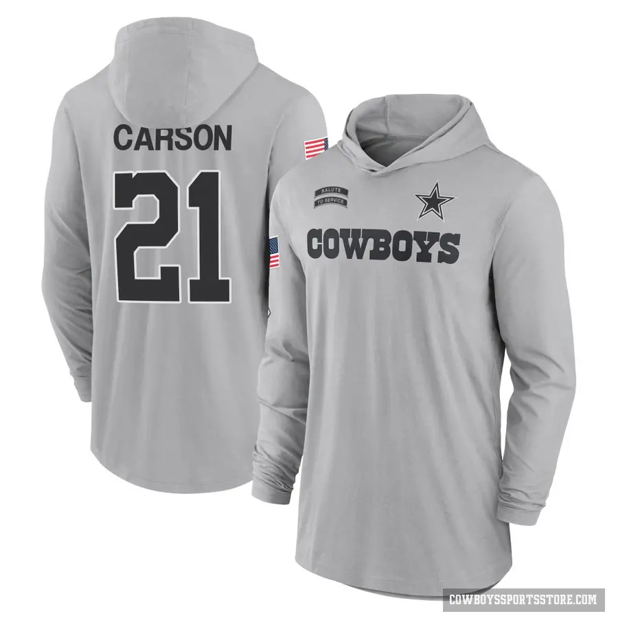 Youth ＃21 Caelen Carson Dallas Cowboys Gray 2024 Salute to Service Lightweight Performance Long Sleeve Hooded T-Shirt