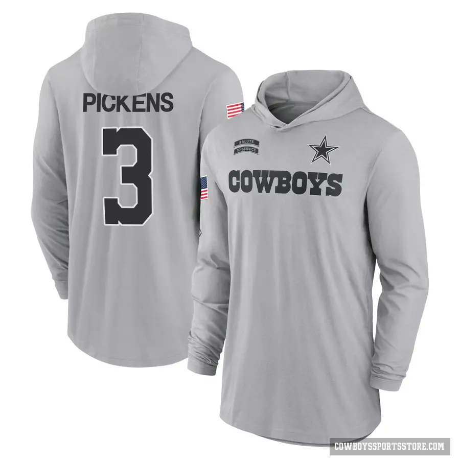 Youth ＃3 George Pickens Dallas Cowboys Gray 2024 Salute to Service Lightweight Performance Long Sleeve Hooded T-Shirt
