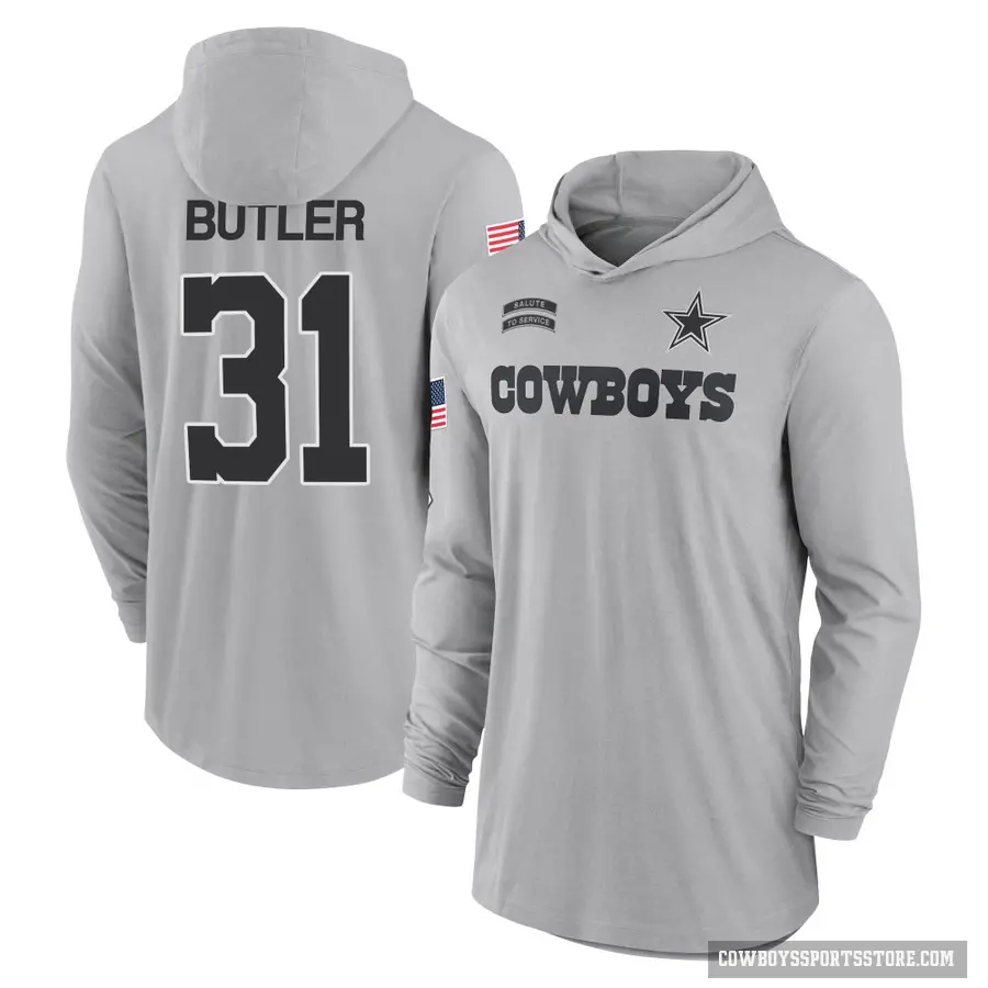 Youth ＃31 Josh Butler Dallas Cowboys Gray 2024 Salute to Service Lightweight Performance Long Sleeve Hooded T-Shirt