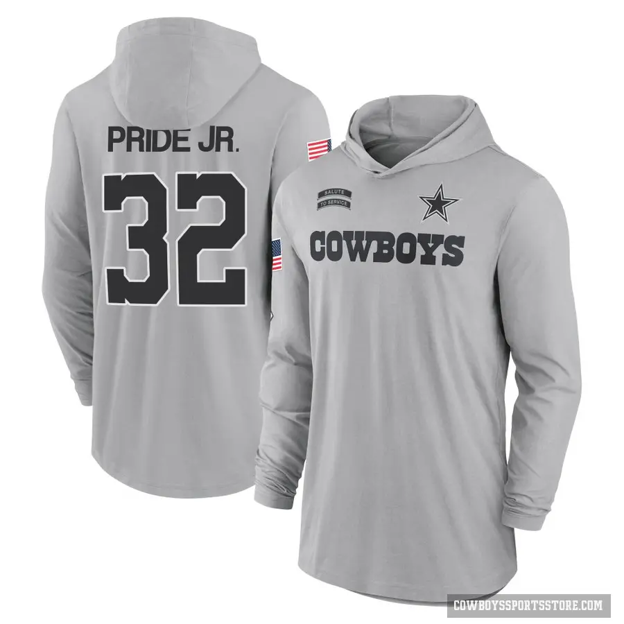 Youth ＃32 Troy Pride Jr. Dallas Cowboys Gray 2024 Salute to Service Lightweight Performance Long Sleeve Hooded T-Shirt
