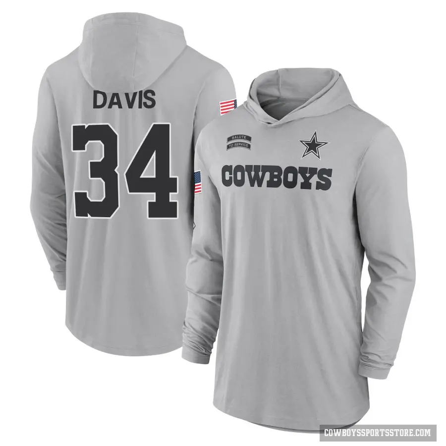 Youth ＃34 Malik Davis Dallas Cowboys Gray 2024 Salute to Service Lightweight Performance Long Sleeve Hooded T-Shirt