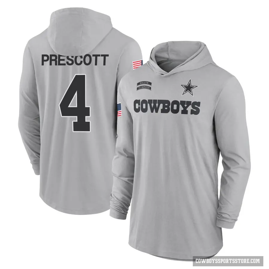Youth ＃4 Dak Prescott Dallas Cowboys Gray 2024 Salute to Service Lightweight Performance Long Sleeve Hooded T-Shirt