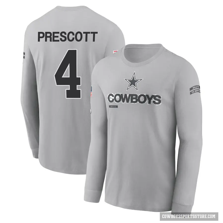 Youth ＃4 Dak Prescott Dallas Cowboys Gray 2024 Salute to Service Long Sleeve T-Shirt