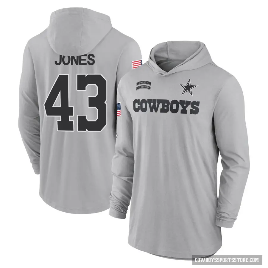 Youth ＃43 Joe Jones Dallas Cowboys Gray 2024 Salute to Service Lightweight Performance Long Sleeve Hooded T-Shirt