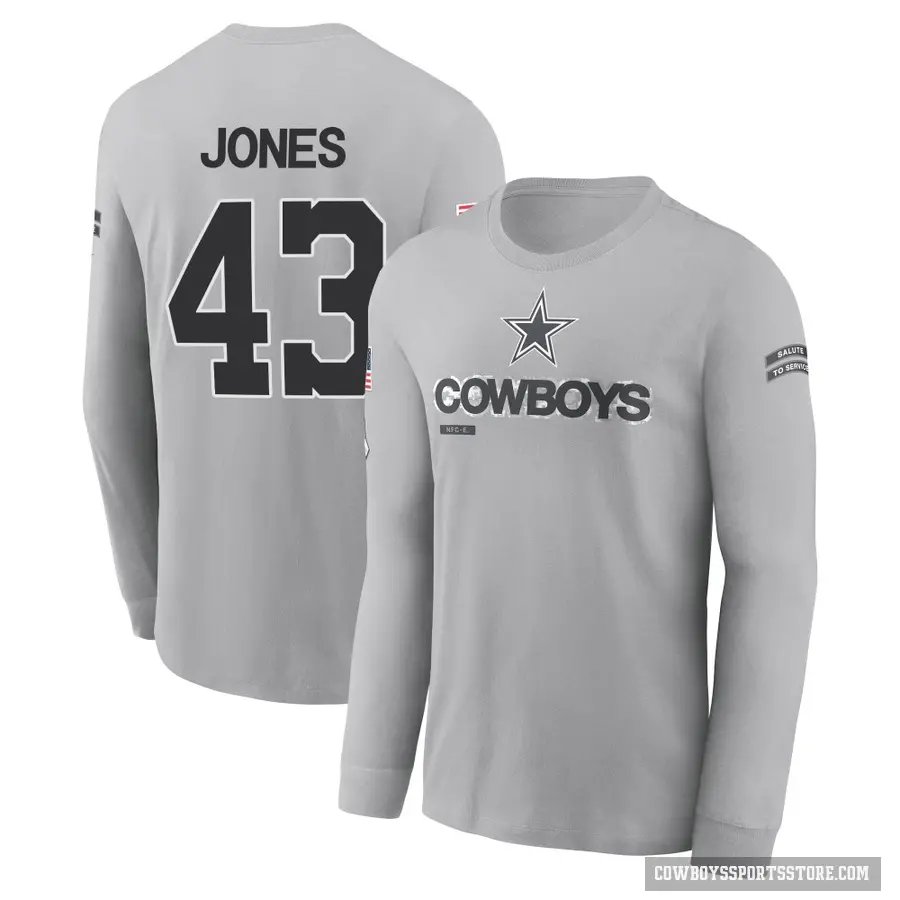 Youth ＃43 Joe Jones Dallas Cowboys Gray 2024 Salute to Service Long Sleeve T-Shirt