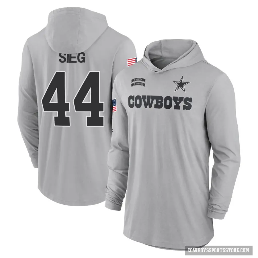 Youth ＃44 Trent Sieg Dallas Cowboys Gray 2024 Salute to Service Lightweight Performance Long Sleeve Hooded T-Shirt