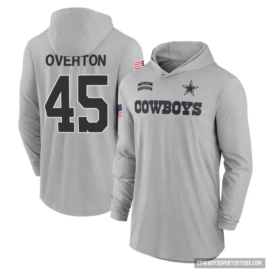 Youth ＃45 Matt Overton Dallas Cowboys Gray 2024 Salute to Service Lightweight Performance Long Sleeve Hooded T-Shirt