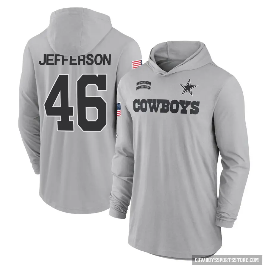 Youth ＃46 Malik Jefferson Dallas Cowboys Gray 2024 Salute to Service Lightweight Performance Long Sleeve Hooded T-Shirt