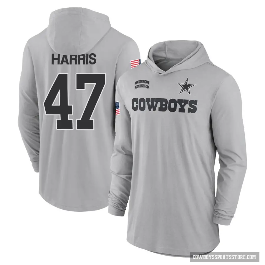 Youth ＃47 Darius Harris Dallas Cowboys Gray 2024 Salute to Service Lightweight Performance Long Sleeve Hooded T-Shirt