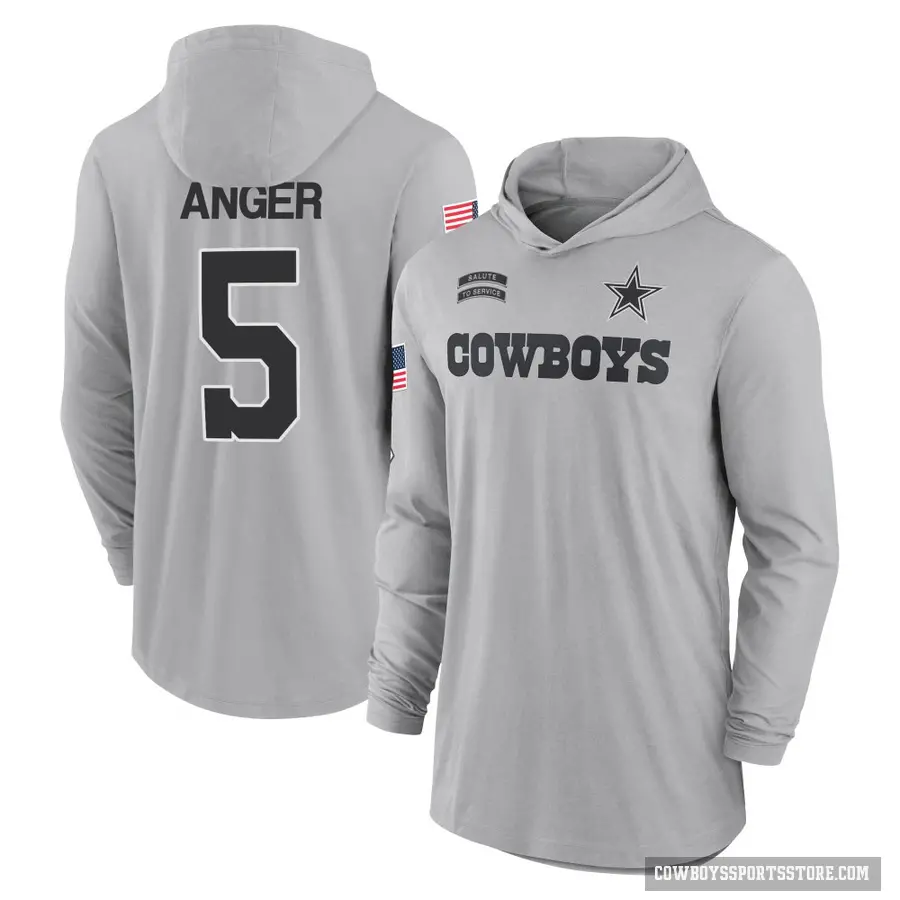 Youth ＃5 Bryan Anger Dallas Cowboys Gray 2024 Salute to Service Lightweight Performance Long Sleeve Hooded T-Shirt