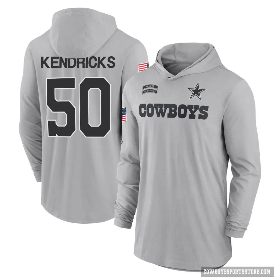 Youth ＃50 Eric Kendricks Dallas Cowboys Gray 2024 Salute to Service Lightweight Performance Long Sleeve Hooded T-Shirt