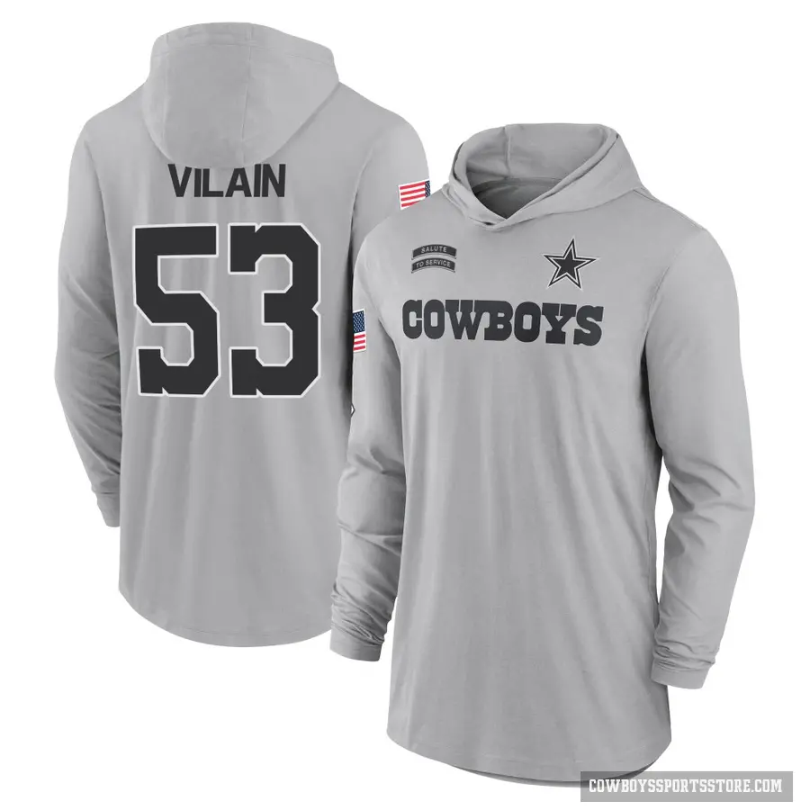 Youth ＃53 Luiji Vilain Dallas Cowboys Gray 2024 Salute to Service Lightweight Performance Long Sleeve Hooded T-Shirt