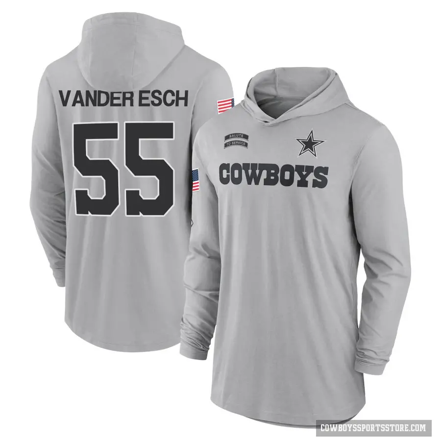 Youth ＃55 Leighton Vander Esch Dallas Cowboys Gray 2024 Salute to Service Lightweight Performance Long Sleeve Hooded T-Shirt