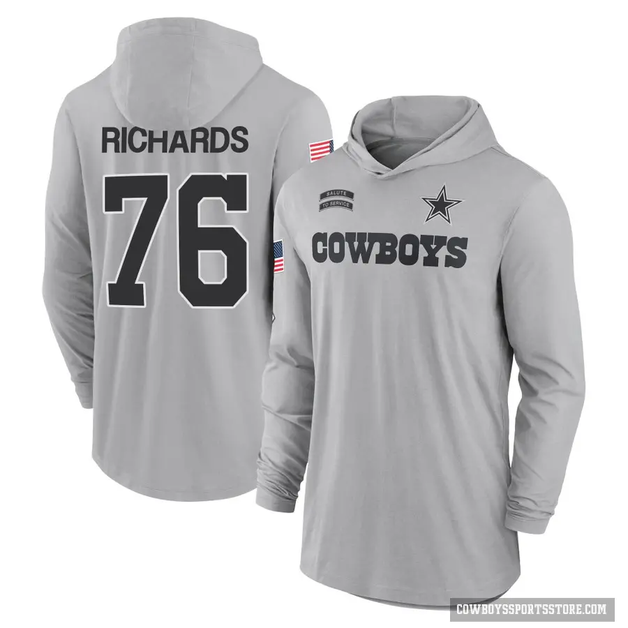 Youth ＃76 Asim Richards Dallas Cowboys Gray 2024 Salute to Service Lightweight Performance Long Sleeve Hooded T-Shirt