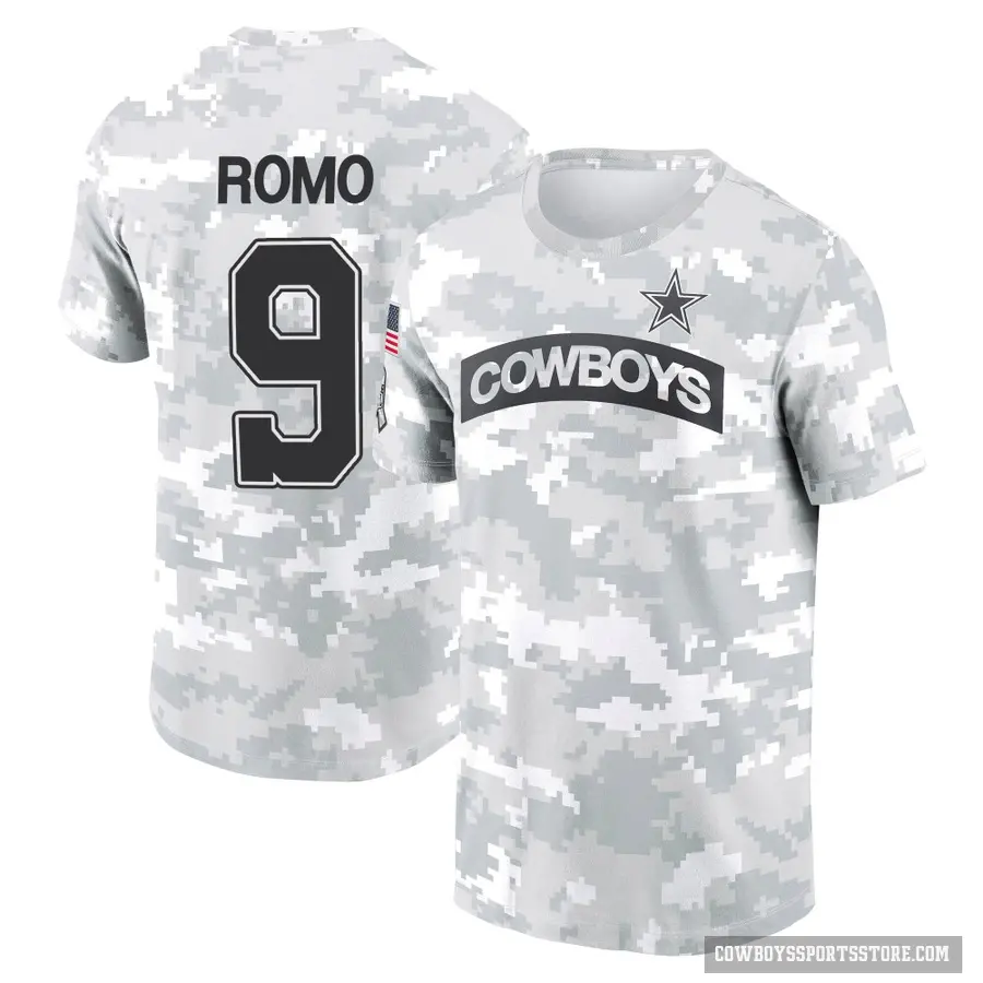 Youth ＃9 Tony Romo Dallas Cowboys Camo Arctic 2024 Salute to Service Performance T-Shirt