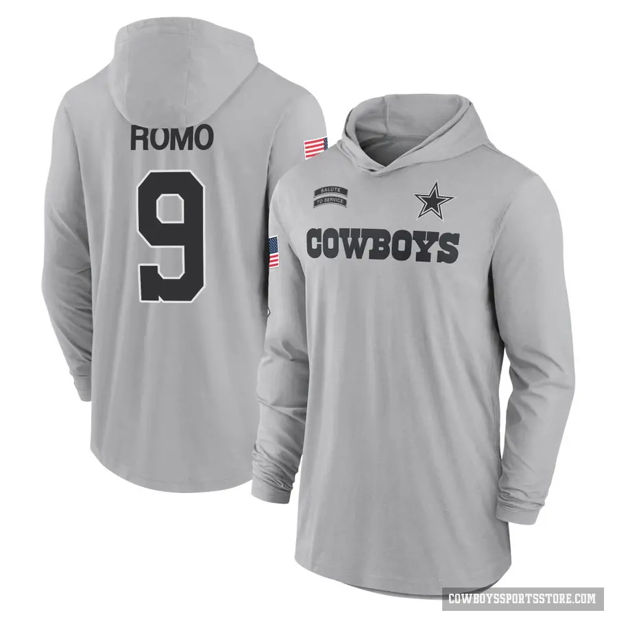 Youth ＃9 Tony Romo Dallas Cowboys Gray 2024 Salute to Service Lightweight Performance Long Sleeve Hooded T-Shirt