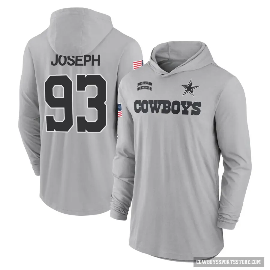 Youth ＃93 Linval Joseph Dallas Cowboys Gray 2024 Salute to Service Lightweight Performance Long Sleeve Hooded T-Shirt