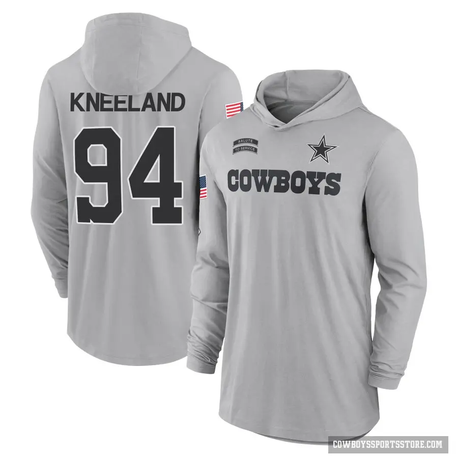 Youth ＃94 Marshawn Kneeland Dallas Cowboys Gray 2024 Salute to Service Lightweight Performance Long Sleeve Hooded T-Shirt