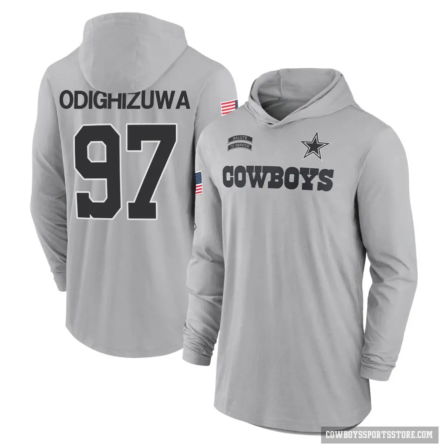 Youth ＃97 Osa Odighizuwa Dallas Cowboys Gray 2024 Salute to Service Lightweight Performance Long Sleeve Hooded T-Shirt